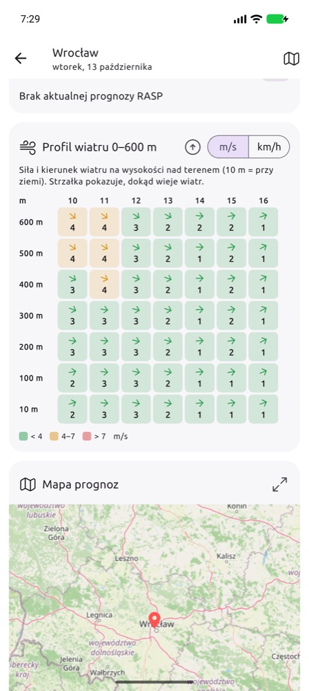 Rozwinięty profil wiatru 10–600 m