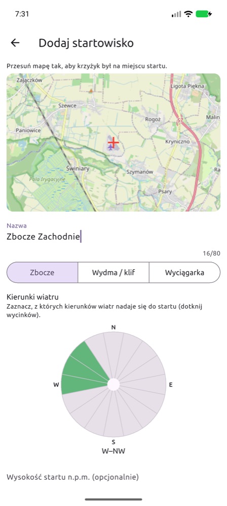 Formularz dodawania startowiska z różą kierunków