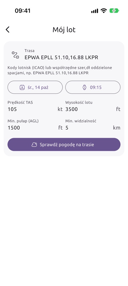 Formularz trasy: punkty, start, TAS, wysokość, minima